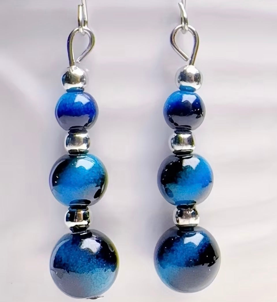 Deep Blue Tiger’s Eye Dangle Earrings