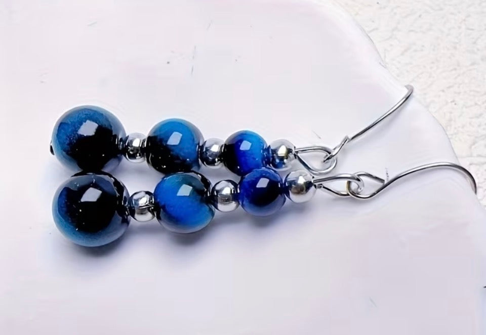 Deep Blue Tiger’s Eye Dangle Earrings