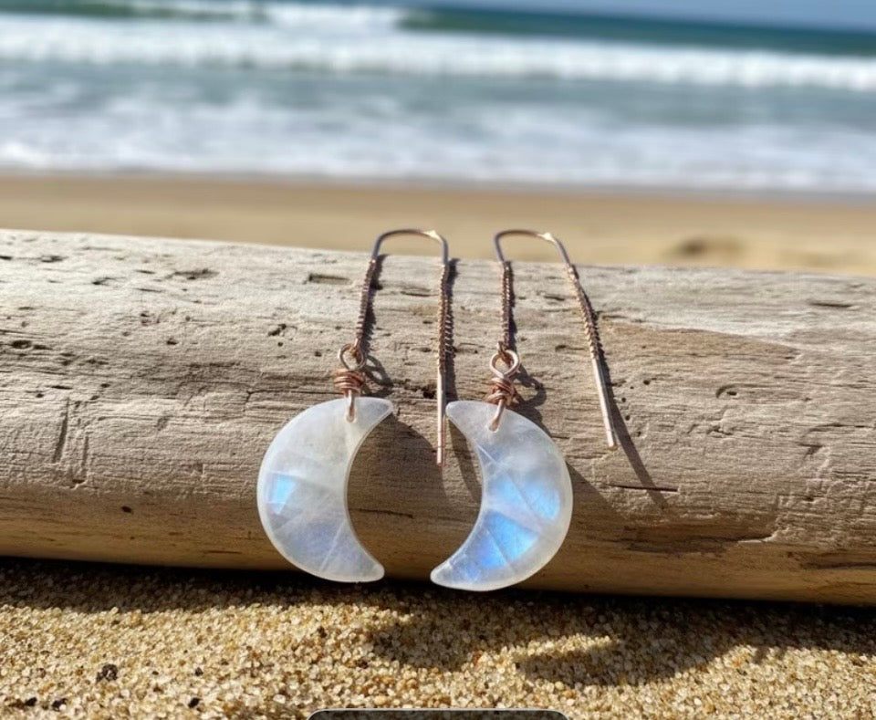 Rainbow Moonstone Crescent Threader Earrings