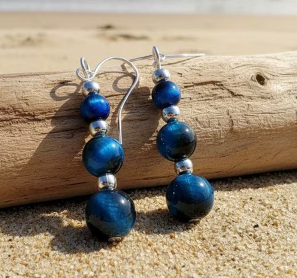 Deep Blue Tiger’s Eye Dangle Earrings