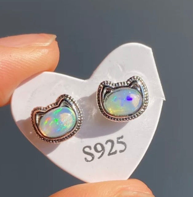 Celestial Kitten: Sterling Silver Opal Studs
