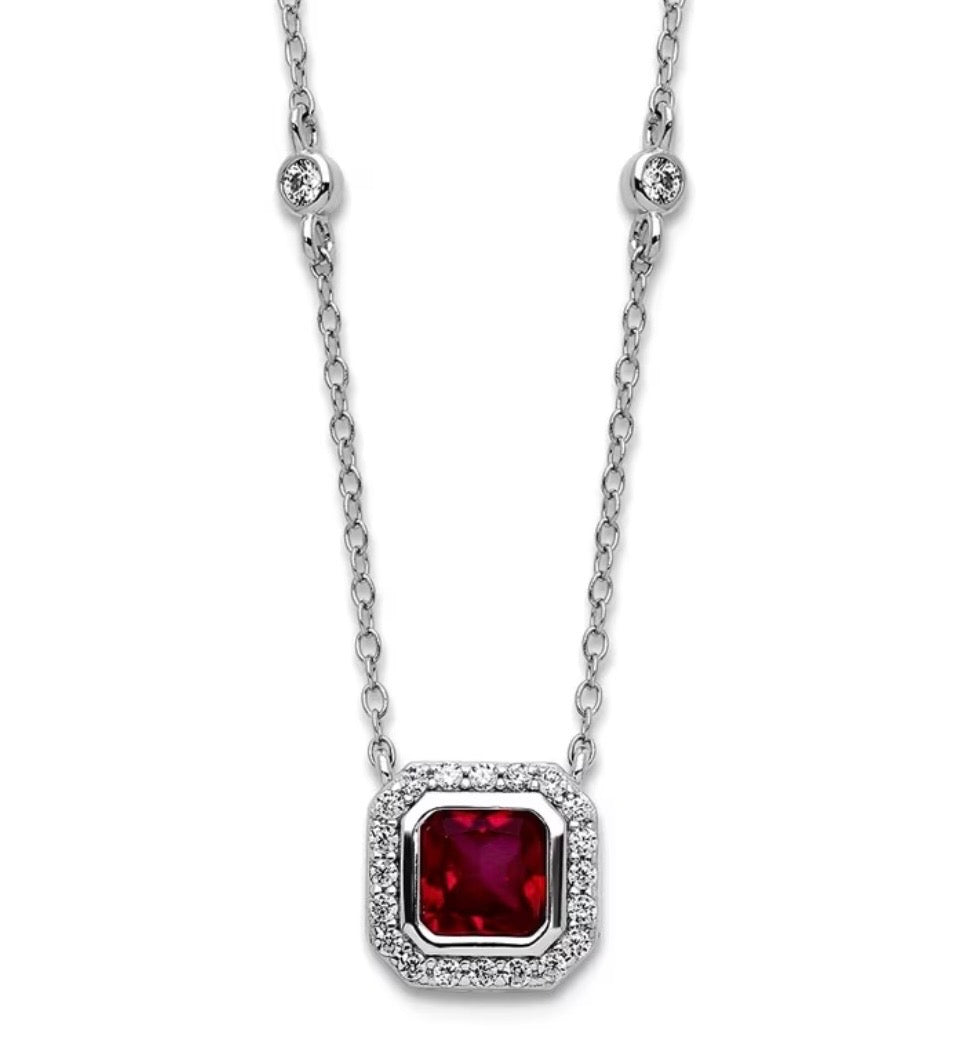 Ruby Halo Sterling Silver Pendant Necklace