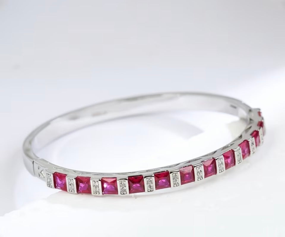 Ruby & Diamond Accent Sterling Silver Bangle