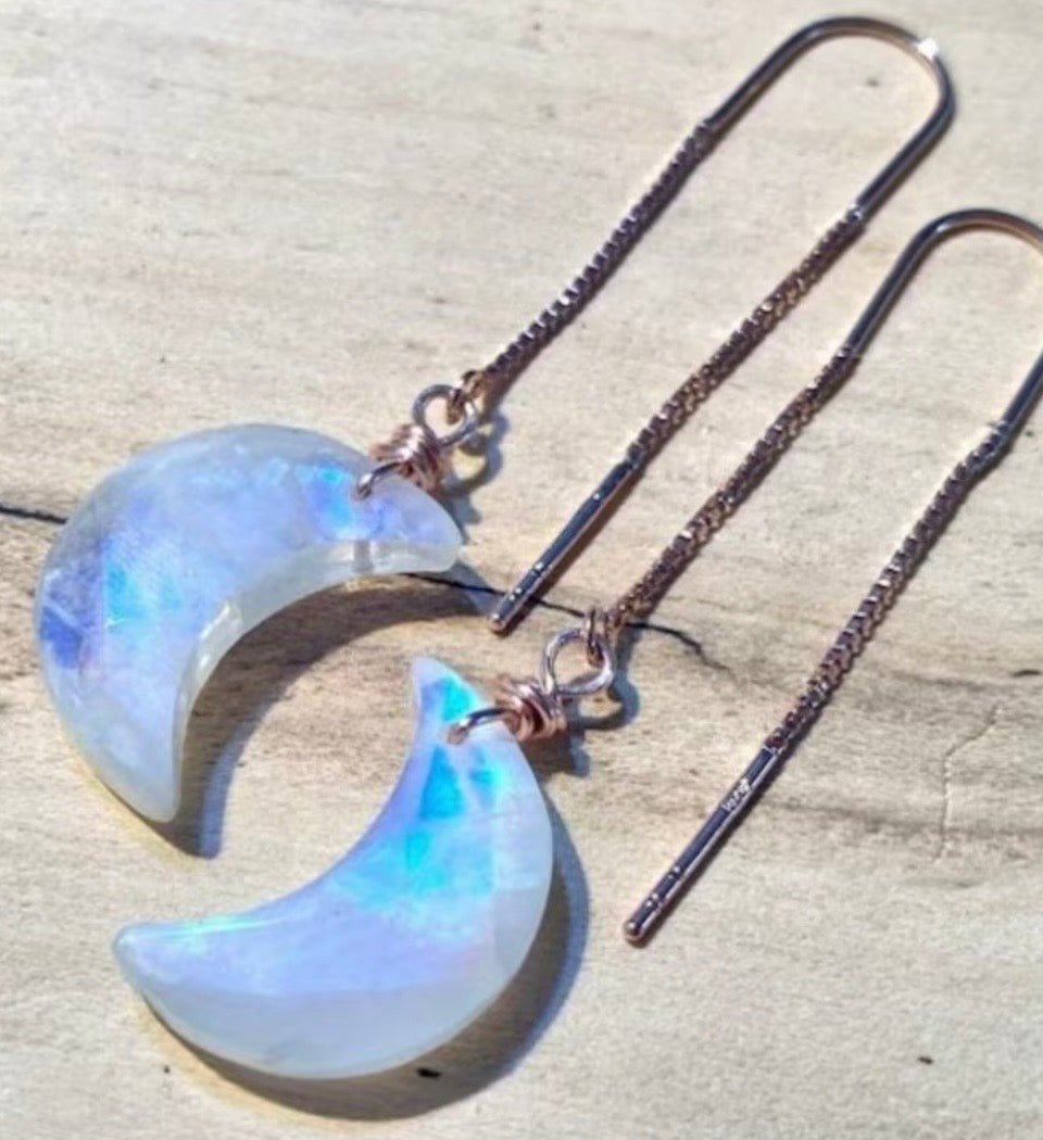 Rainbow Moonstone Crescent Threader Earrings