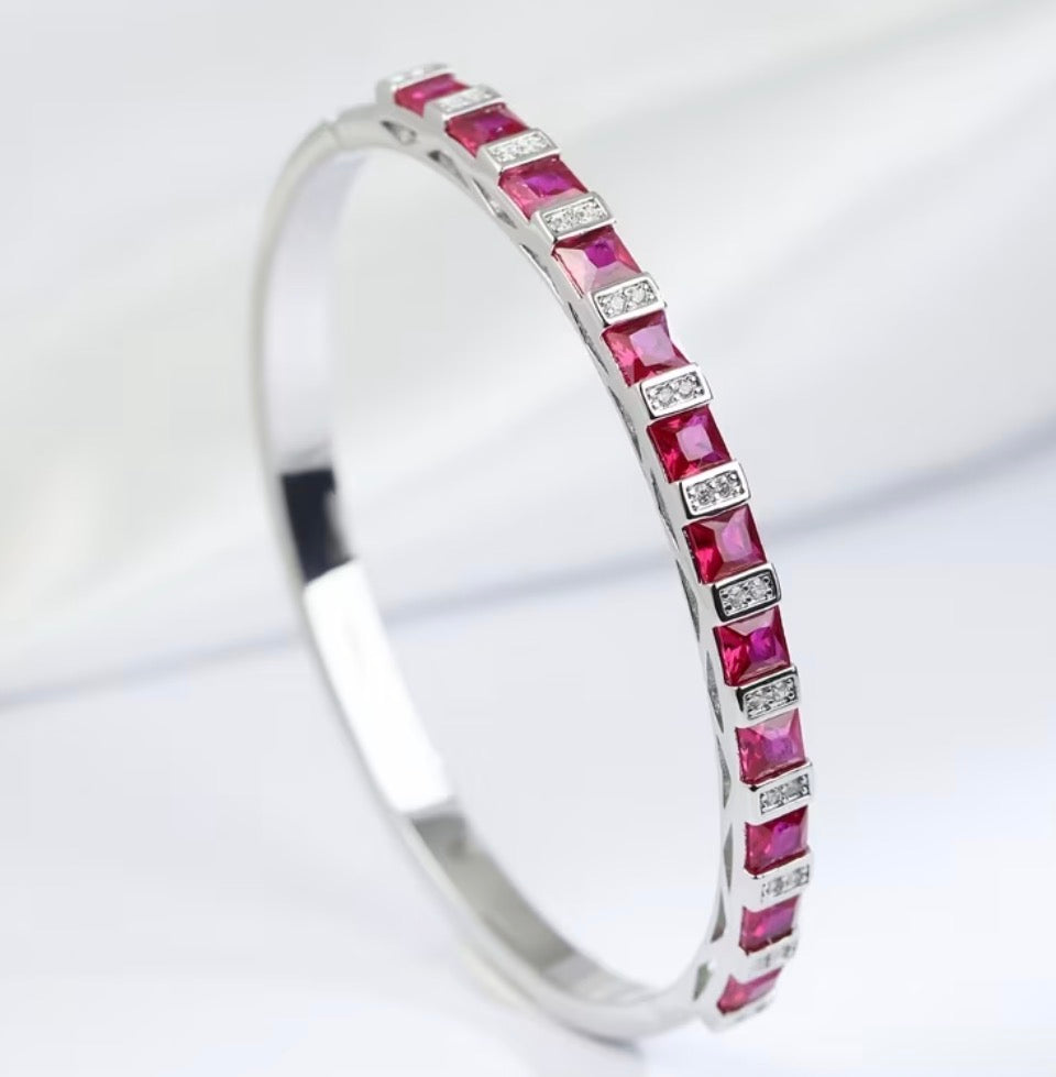 Ruby & Diamond Accent Sterling Silver Bangle