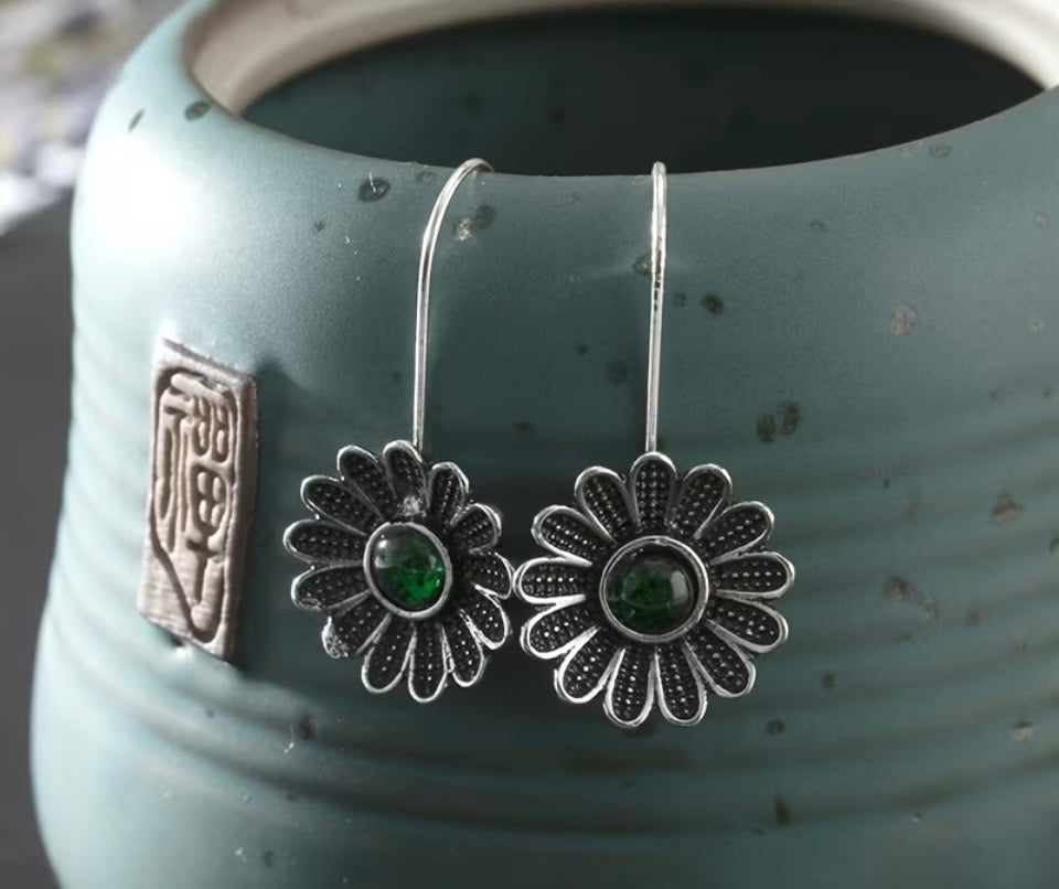 Forest Sunflower Diopside Drop Earrings